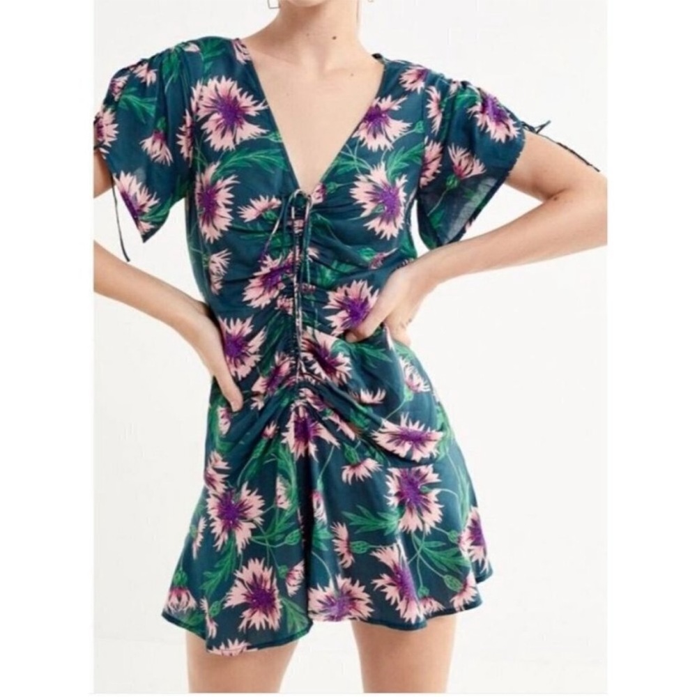 Urban Outfitters Julia Cinched Mini Dress Floral Boho Wide Sleeve XS Womens